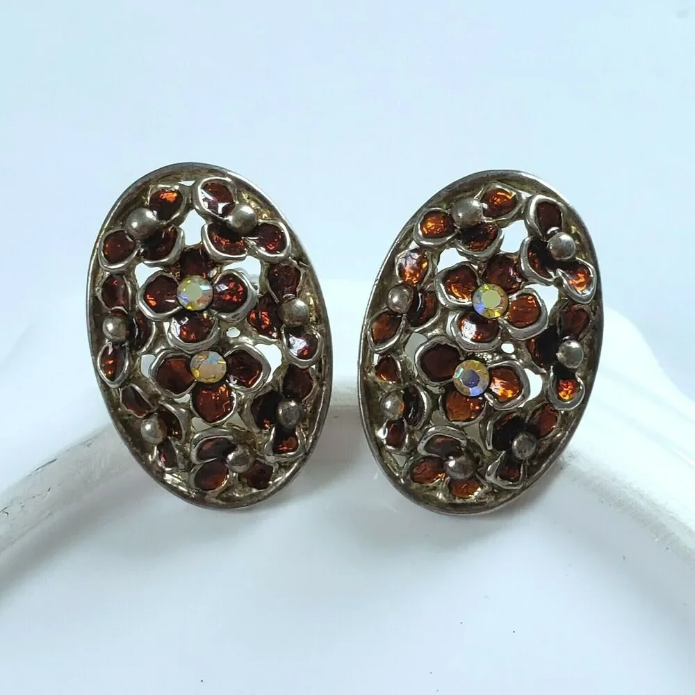 Vintage Earrings Silvertone Floral Enamel Rhinestone Classic Midcentury Clip Ons